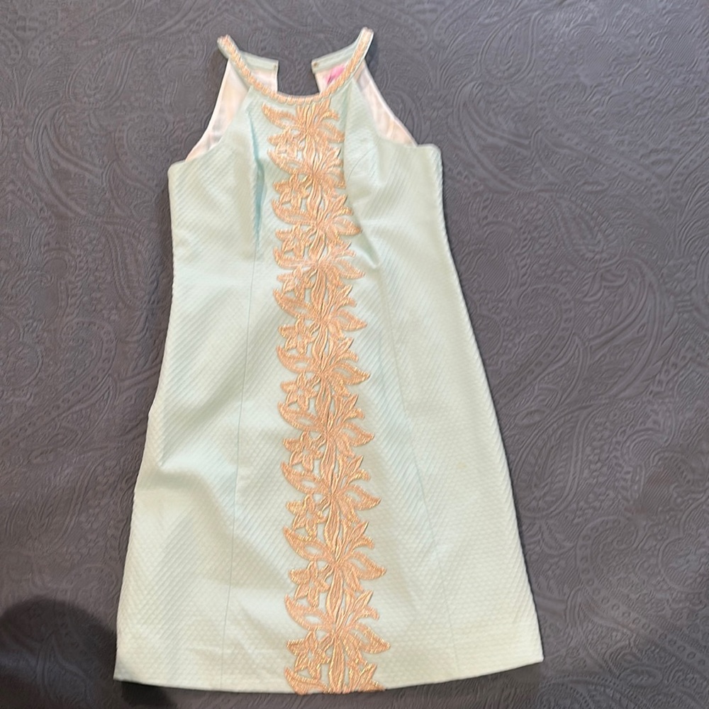 Lilly Pulitzer light blue dress with gold embroidery